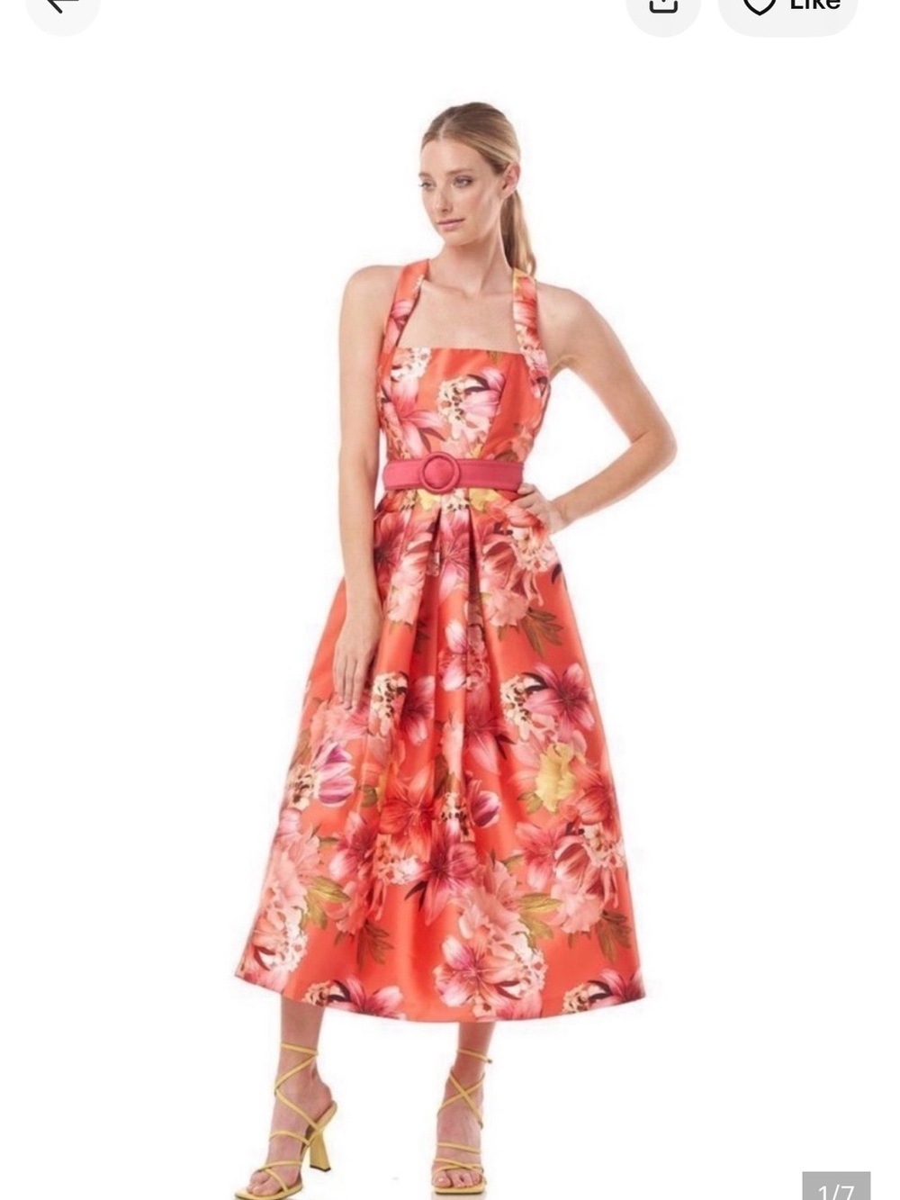 Kay Unger Floral Mikado Tea Length A-Line Belted Midi Dress Size 8